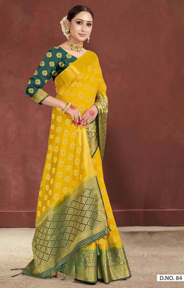 POONAM TEXTILE | Latest Yellow Raw Silk Embroidered Woven Festive Saree 1