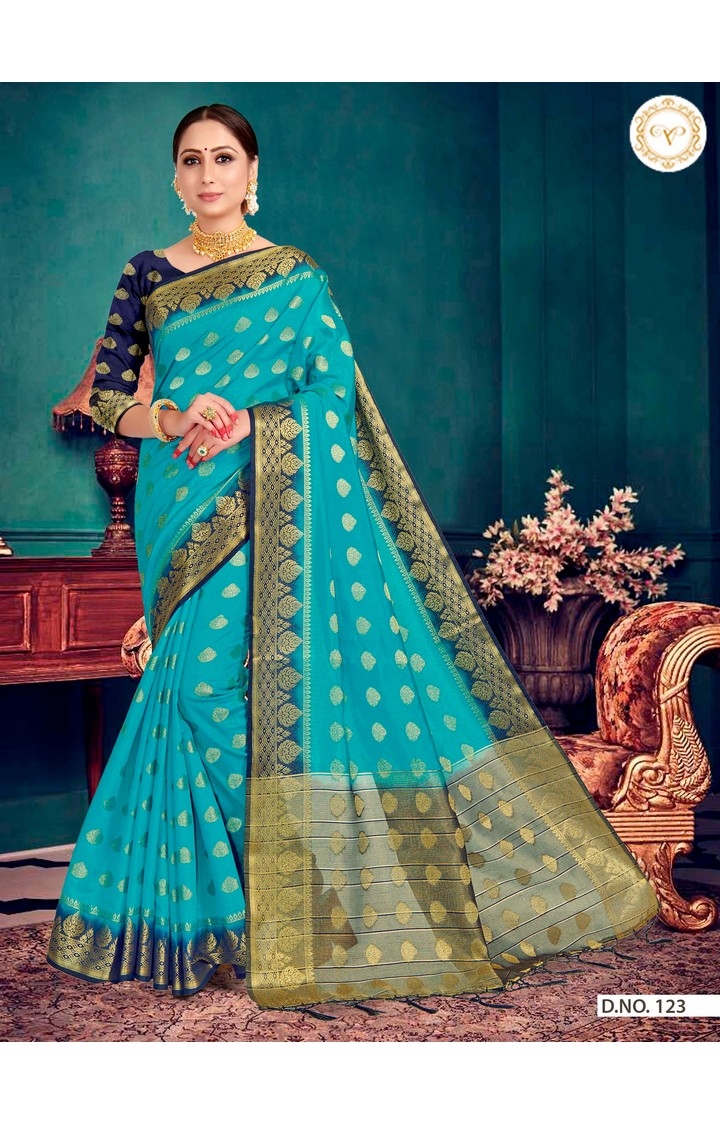Elegant Banarasi Blue Embroidered Raw Silk Woven Zari Festive Saree