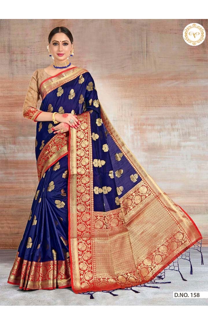 POONAM TEXTILE | Elegant Banarasi Navy Blue Embroidered Art Silk Woven Zari Festive Saree 0