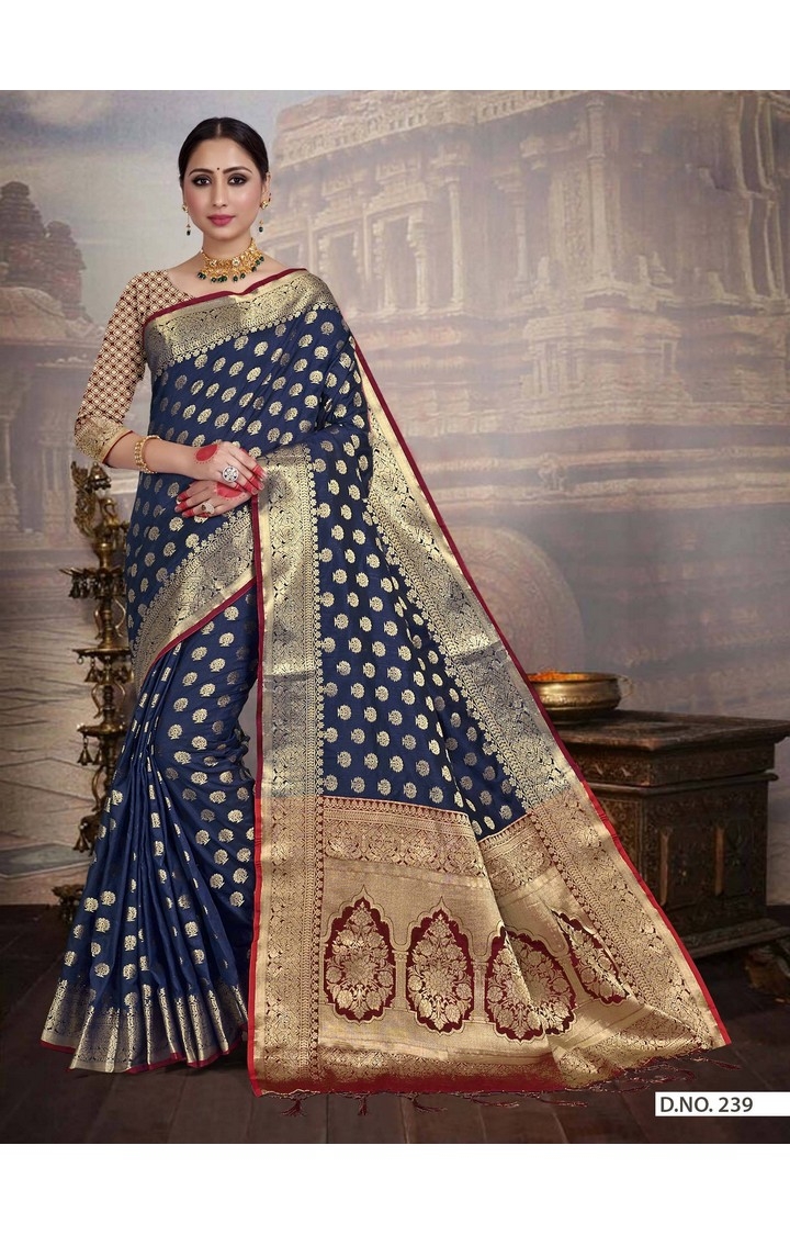 POONAM TEXTILE | Traditional Banarasi Navy Blue Embroidered Art Silk Woven Zari Festive Saree 0