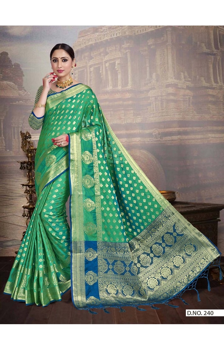 Traditional Banarasi Turquoise Embroidered Art Silk Woven Zari Festive Saree