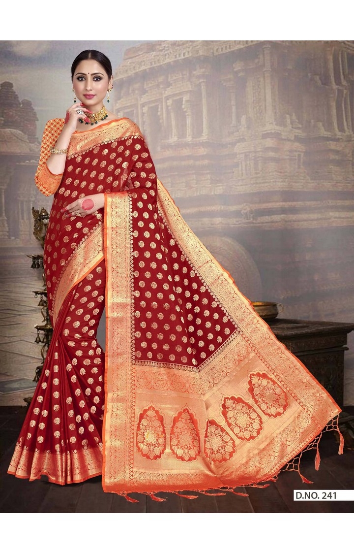 Traditional Banarasi Red Embroidered Art Silk Woven Zari Festive Saree