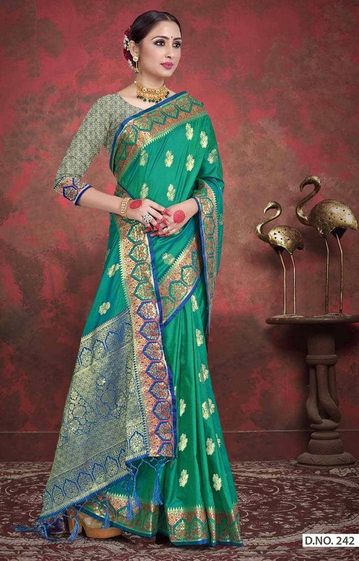 Traditional Banarasi Green Embroidered Art Silk Woven Zari Festive Saree