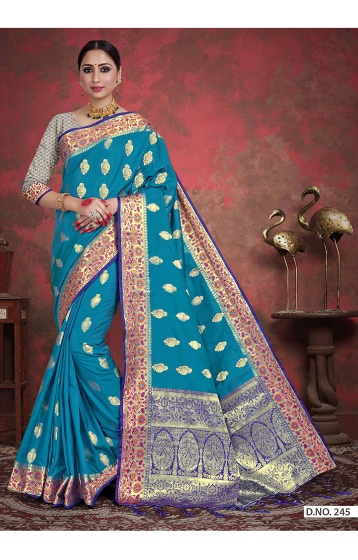 Traditional Banarasi Blue Embroidered Art Silk Woven Zari Festive Saree