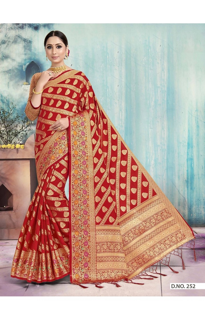 Traditional Banarasi Red Embroidered Art Silk Woven Zari Festive Saree