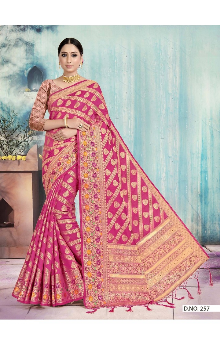 Traditional Banarasi Pink Embroidered Art Silk Woven Zari Festive Saree