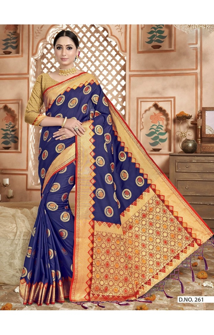 Traditional Banarasi Navy Blue Embroidered Art Silk Woven Zari Festive Saree