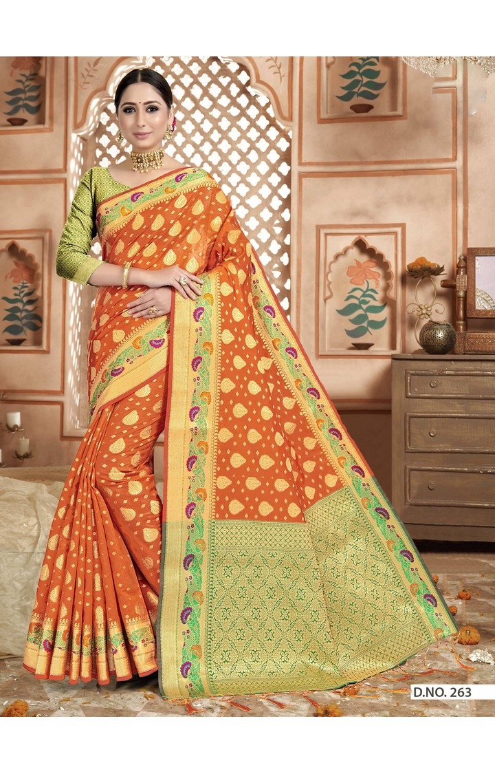 Traditional Banarasi Orange Embroidered Art Silk Woven Zari Festive Saree