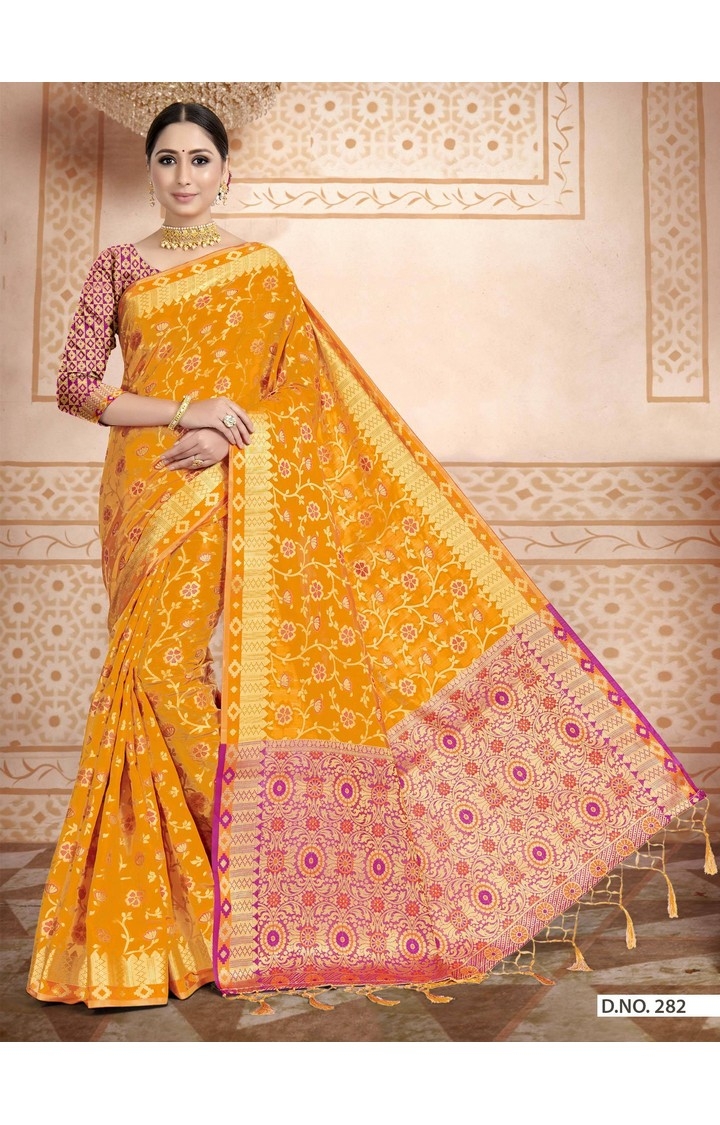Traditional Banarasi Yellow Embroidered Art Silk Woven Zari Festive Saree