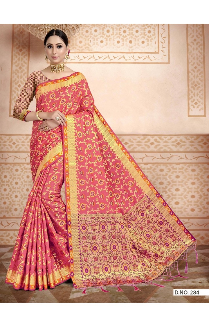 Traditional Banarasi Pink Embroidered Art Silk Woven Zari Festive Saree