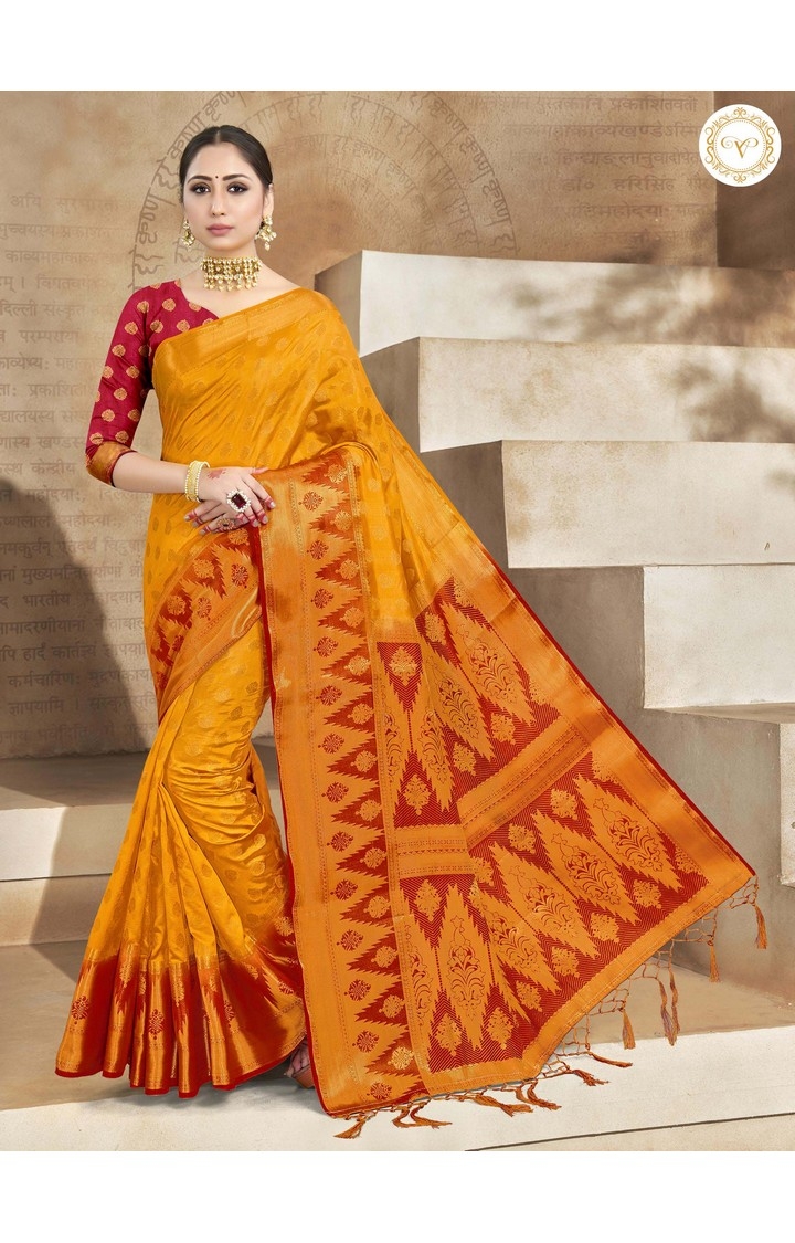 Ethnic Banarasi Orange Embroidered Art Silk Woven Zari Festive Saree
