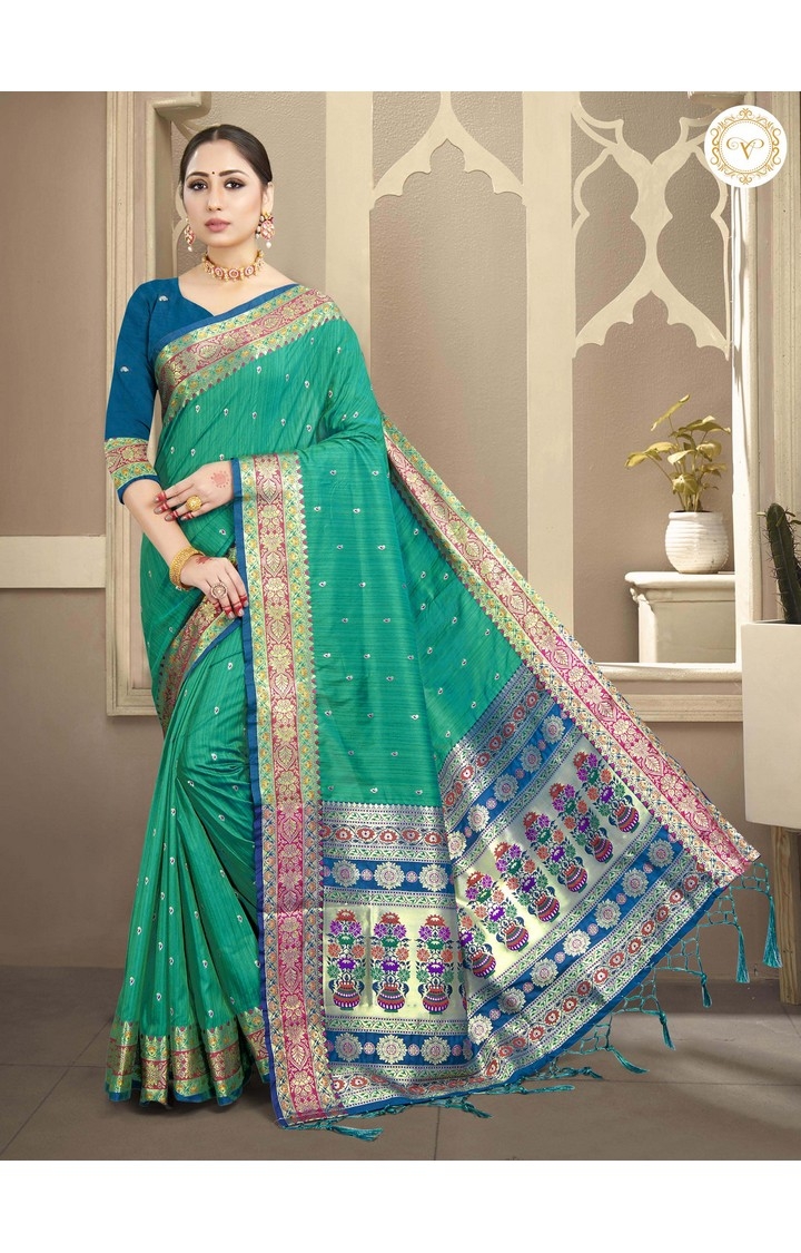 Elegant Banarasi Green Embroidered Art Silk Woven Zari Festive Saree