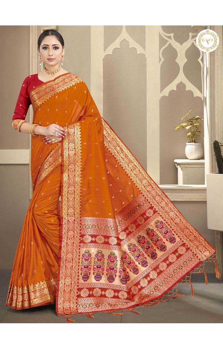 Elegant Banarasi Orange Embroidered Art Silk Woven Zari Festive Saree