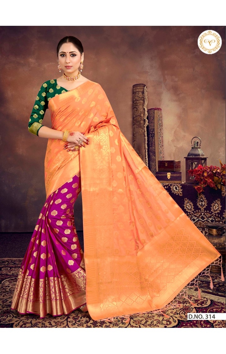 Banarasi Orange and Pink Embroidered Raw Silk Half N Half Festive Saree