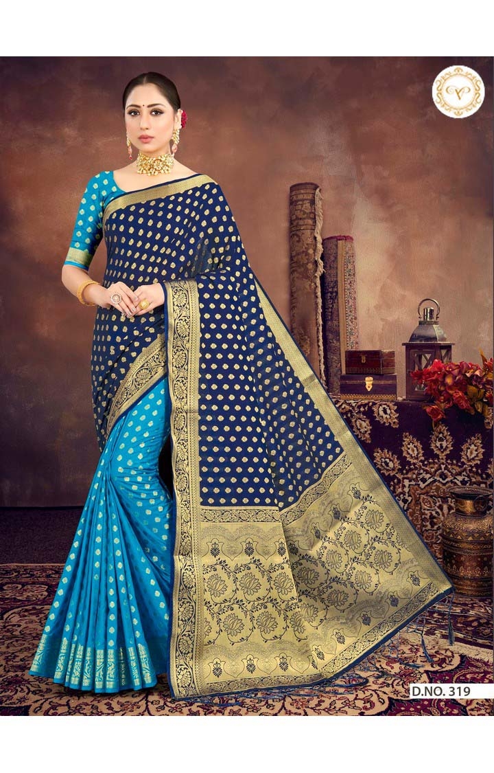 Banarasi Blue Embroidered Raw Silk Half n Half Festive Saree