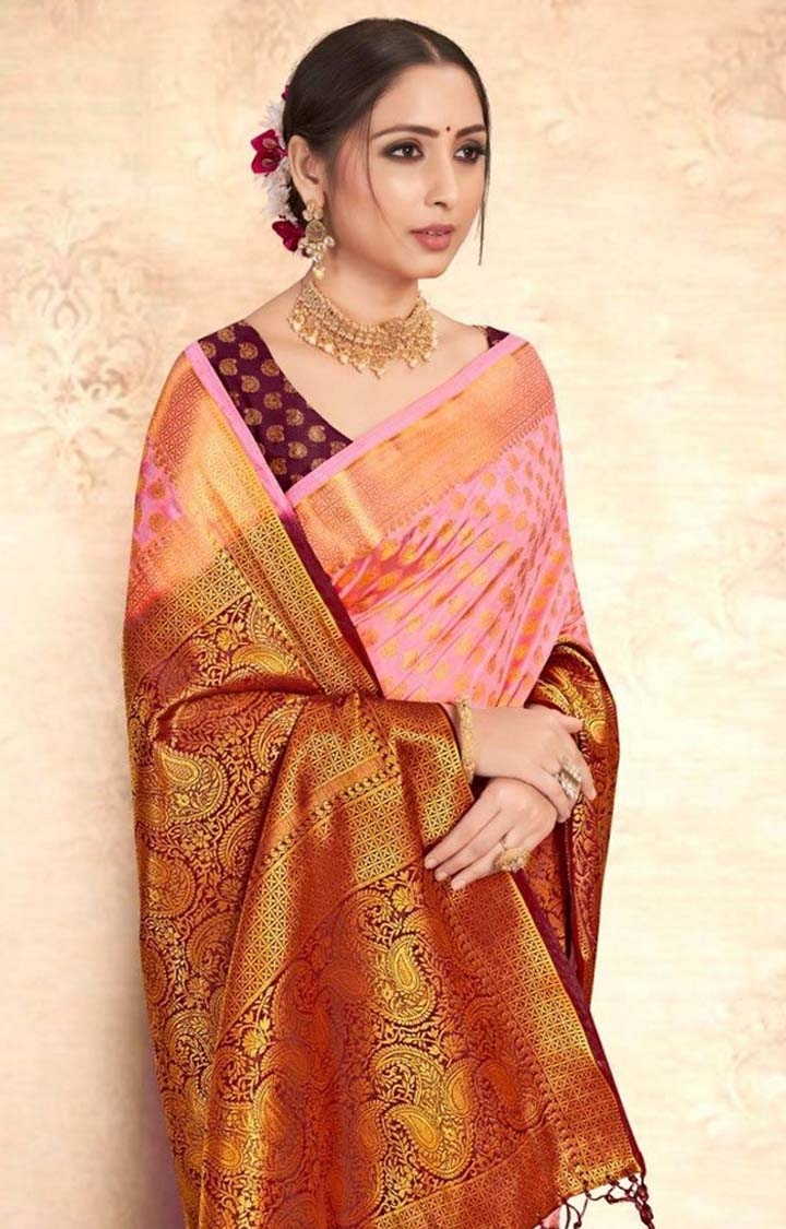 POONAM TEXTILE | Banarasi Pink Embroidered Art Silk Woven Zari Festive Saree 1