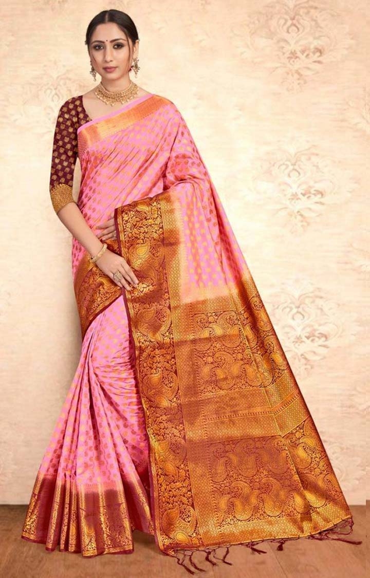 POONAM TEXTILE | Banarasi Pink Embroidered Art Silk Woven Zari Festive Saree 0