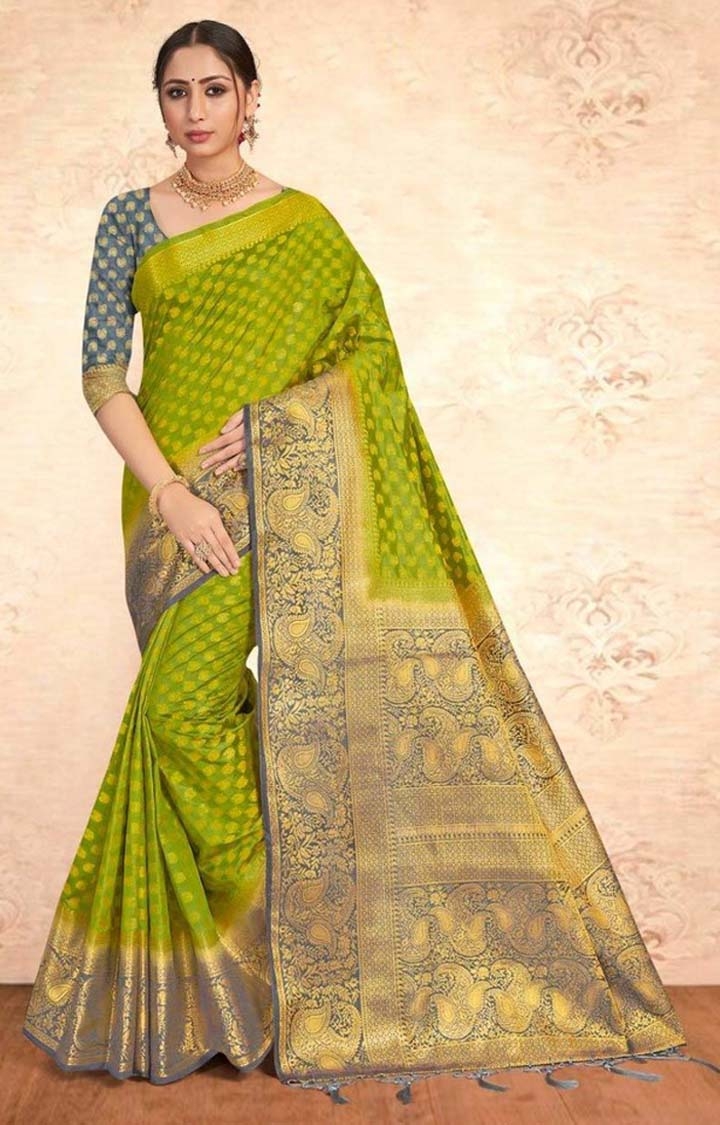 Banarasi Green Embroidered Art Silk Woven Zari Festive Saree