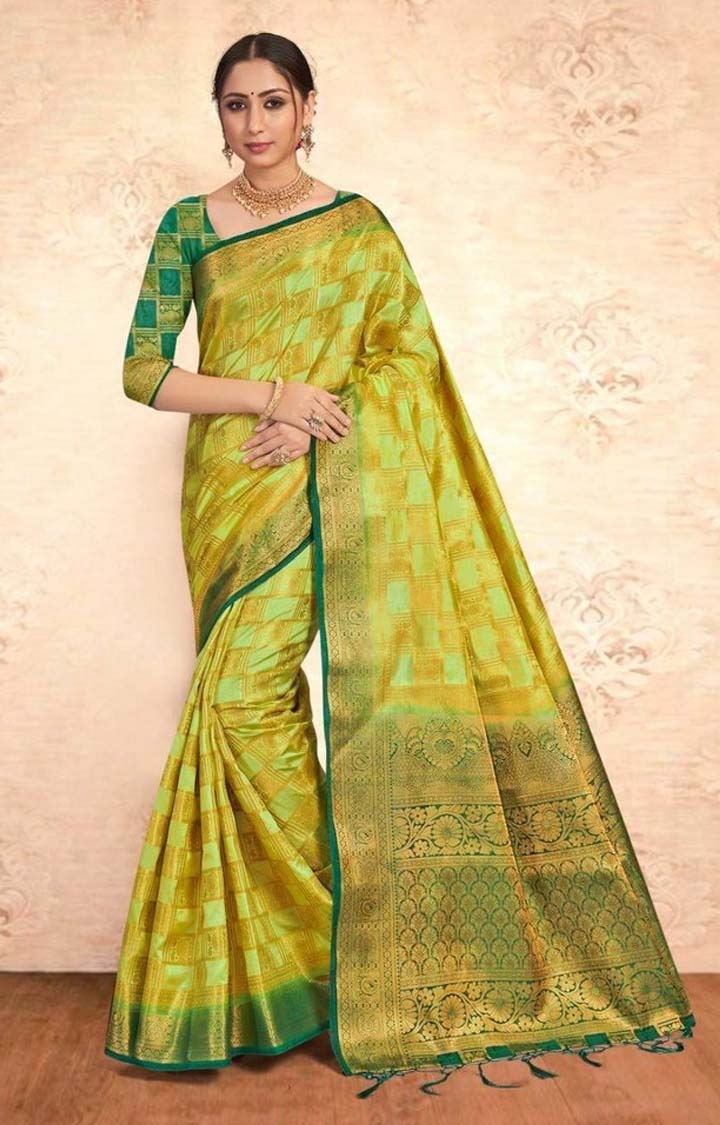 Banarasi Green Checked Art Silk Woven Zari Festive Saree