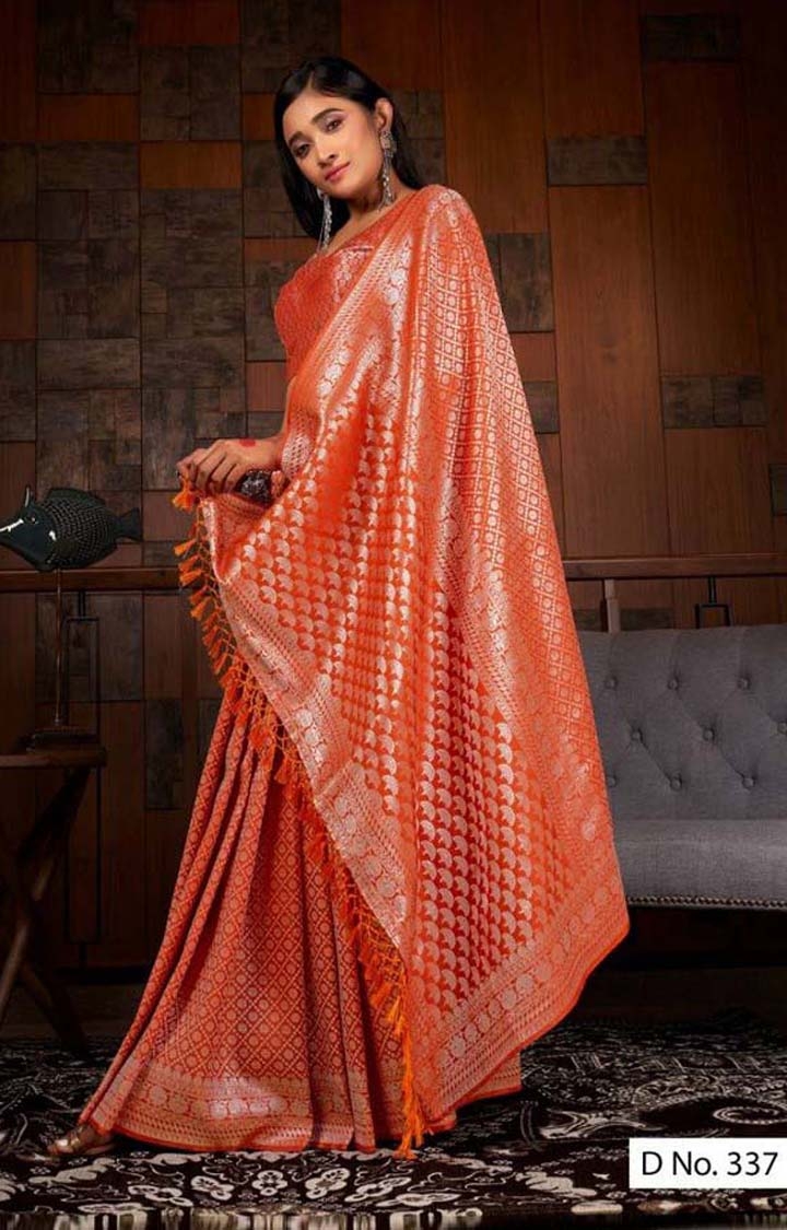 Kanjivaram Orange Embroidered Raw Silk Woven Zari Festive Saree