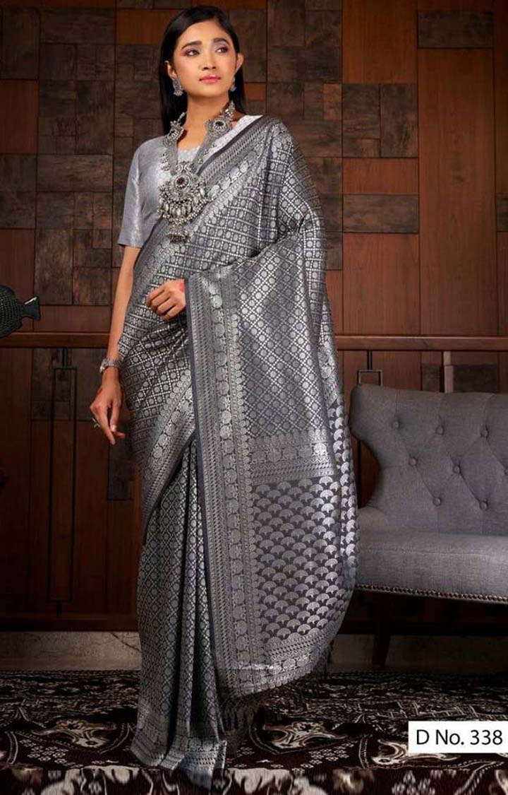 Kanjivaram Silver Embroidered Raw Silk Woven Zari Festive Saree