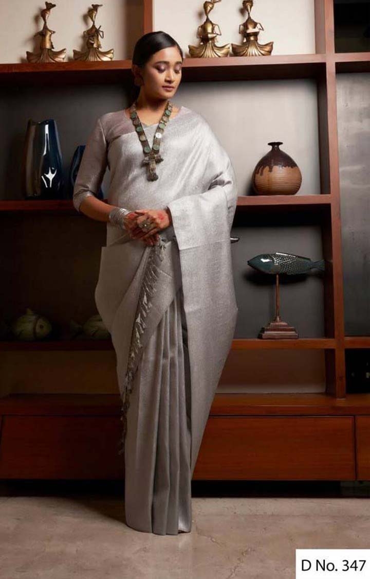 Kanjivaram Silver Printed Raw Silk Woven Zari Festive Saree