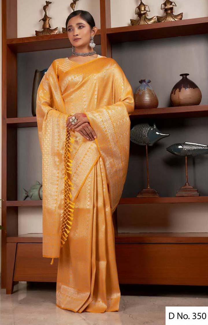 Kanjivaram Yellow Raw Silk Blend Solid Festive Saree