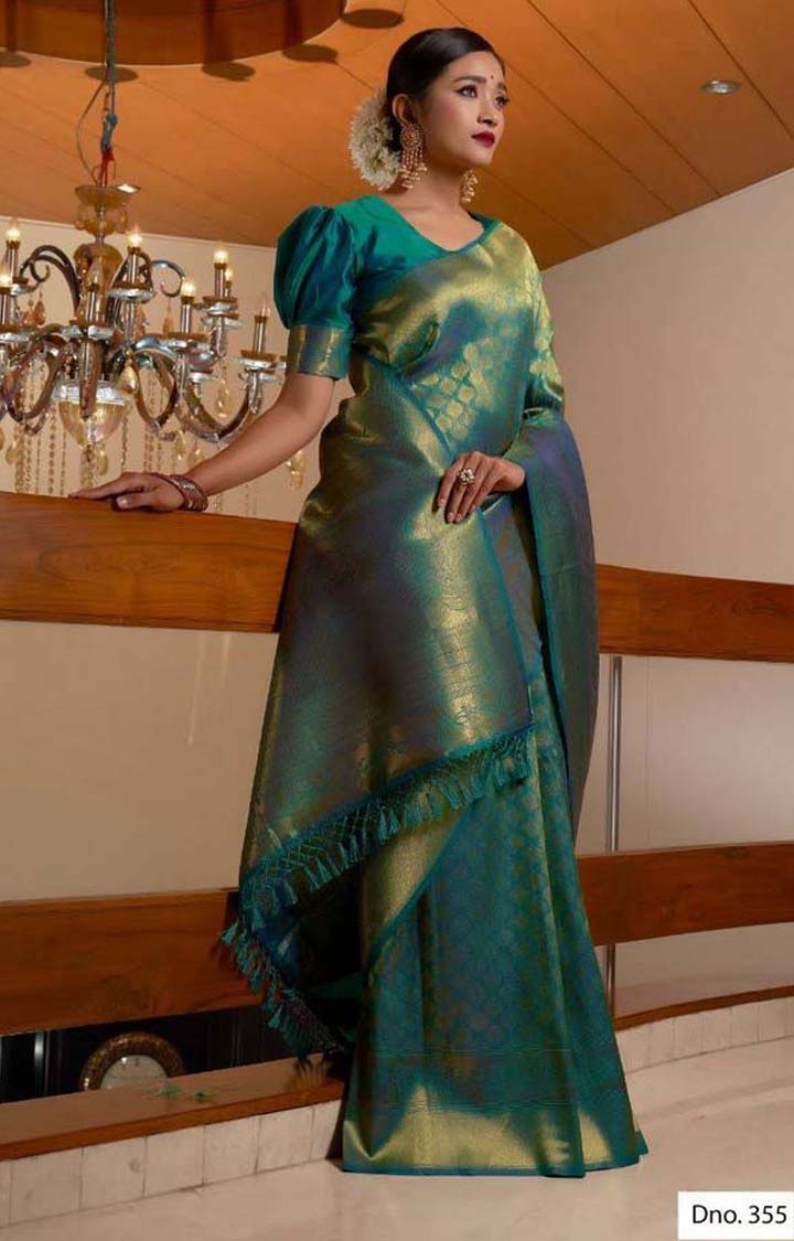 Kanjivaram Green Printed Raw Silk Woven Zari Festive Saree