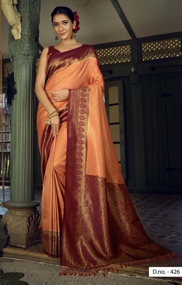 Refreshing Orange Coloured Festive Wear Printed Woven Pure Silk Saree