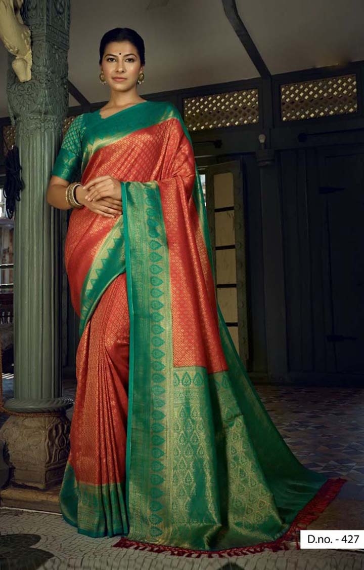 Hypnotic Red Coloured Festive Wear Printed Woven Pure Silk Saree