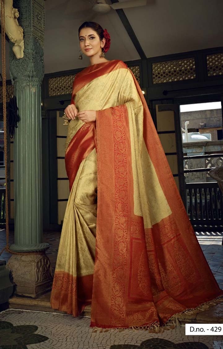 Groovy Beige Coloured Festive Wear Printed Woven Pure Silk Saree
