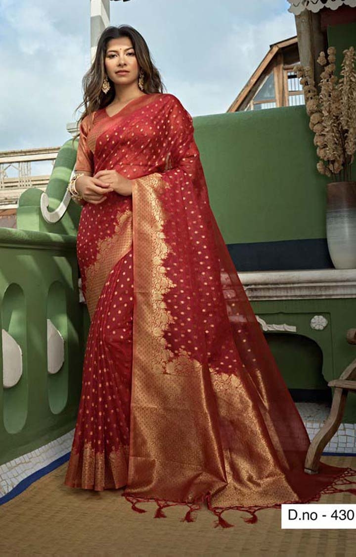 Banaras Special Red Hand Dyed Printed Organza Silk Saree