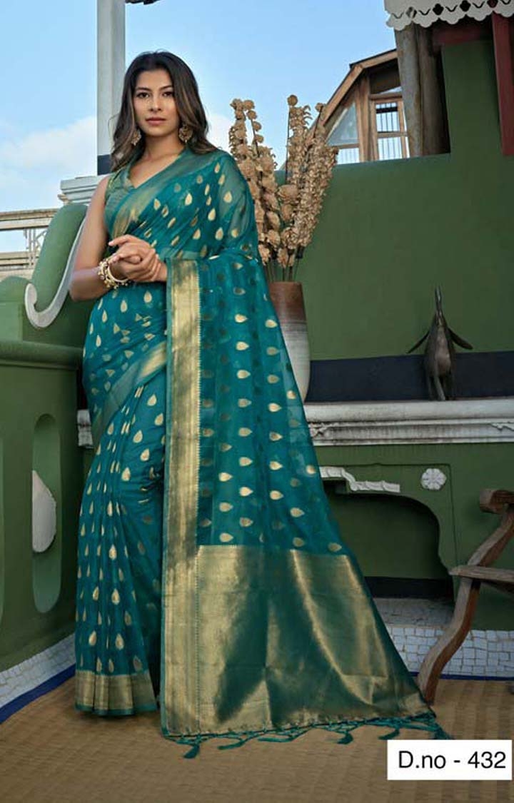 Fashion Banaras Green Organza Silk Hand Dyed Printed Zari Festive Saree
