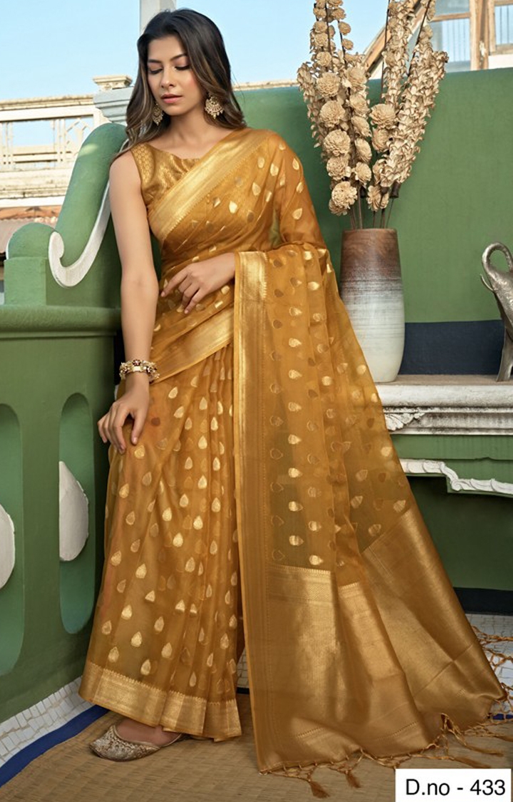 POONAM TEXTILE | Fashion Banaras Gold Organza Silk Hand Dyed Printed Zari Festive Saree 1