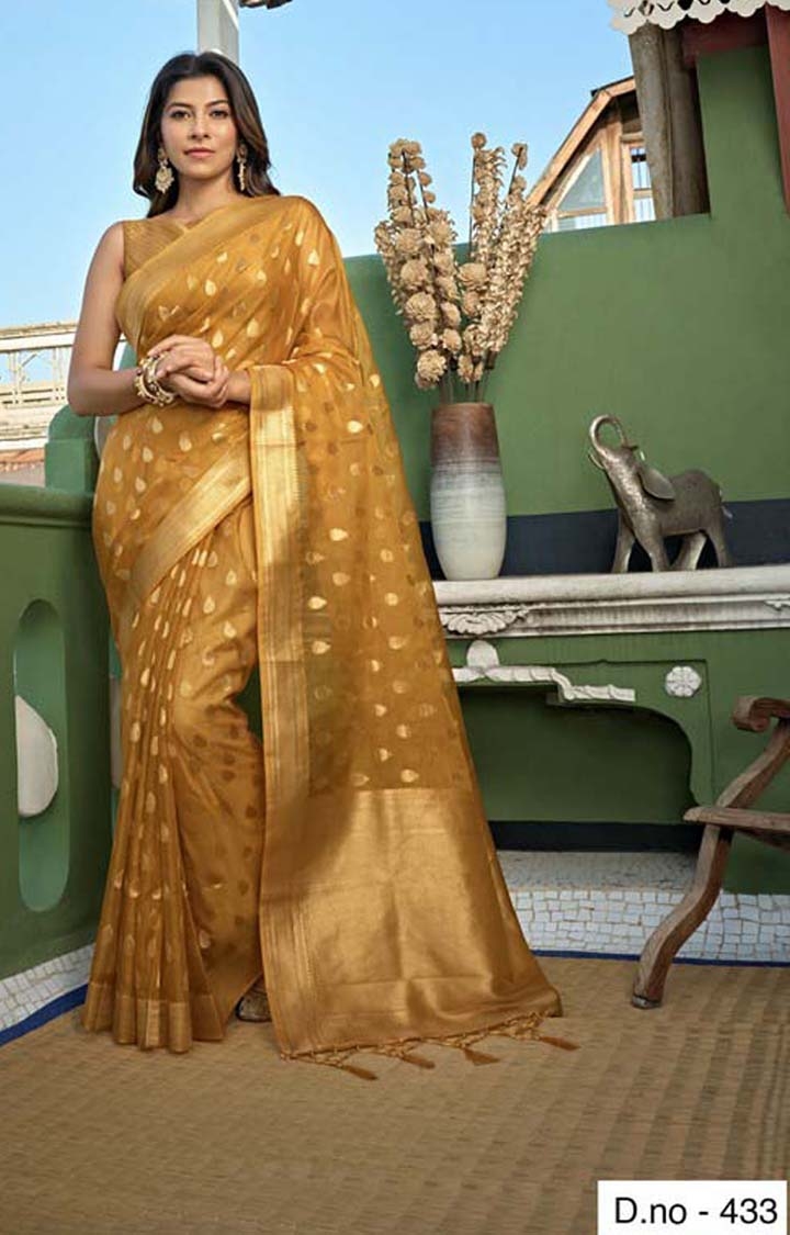 POONAM TEXTILE | Fashion Banaras Gold Organza Silk Hand Dyed Printed Zari Festive Saree 0