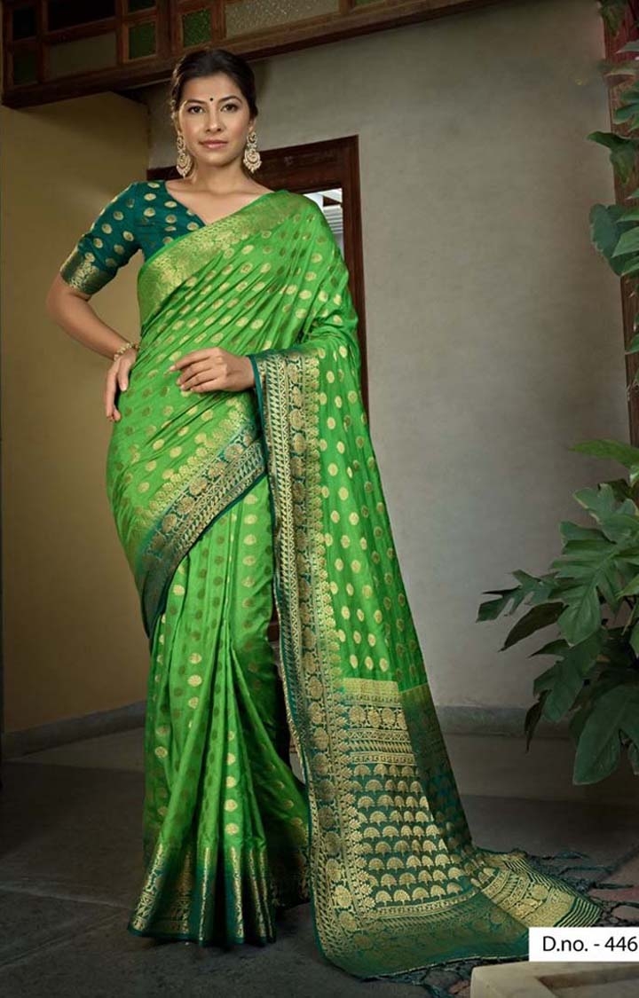 Imposing Parrot Green Coloured Festive Wear Embroidered Woven Raw Silk Saree