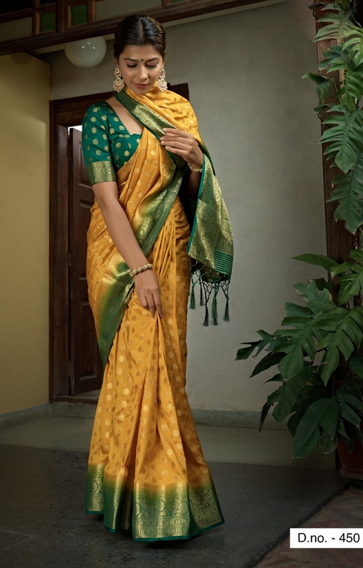 POONAM TEXTILE | Majesty Yellow Coloured Festive Wear Embroidered Woven Raw Silk Saree 1
