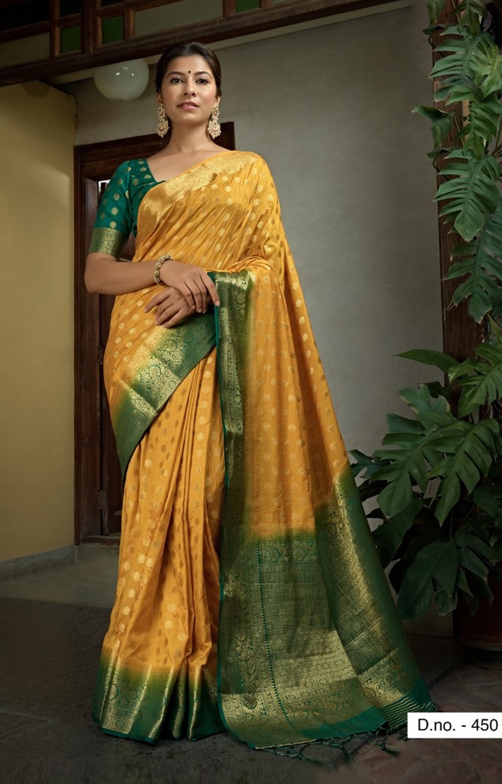POONAM TEXTILE | Majesty Yellow Coloured Festive Wear Embroidered Woven Raw Silk Saree 0