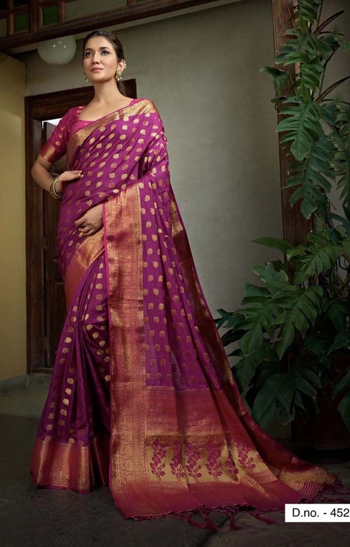 Impressive Purple Coloured Festive Wear Embroidered Woven Raw Silk Saree