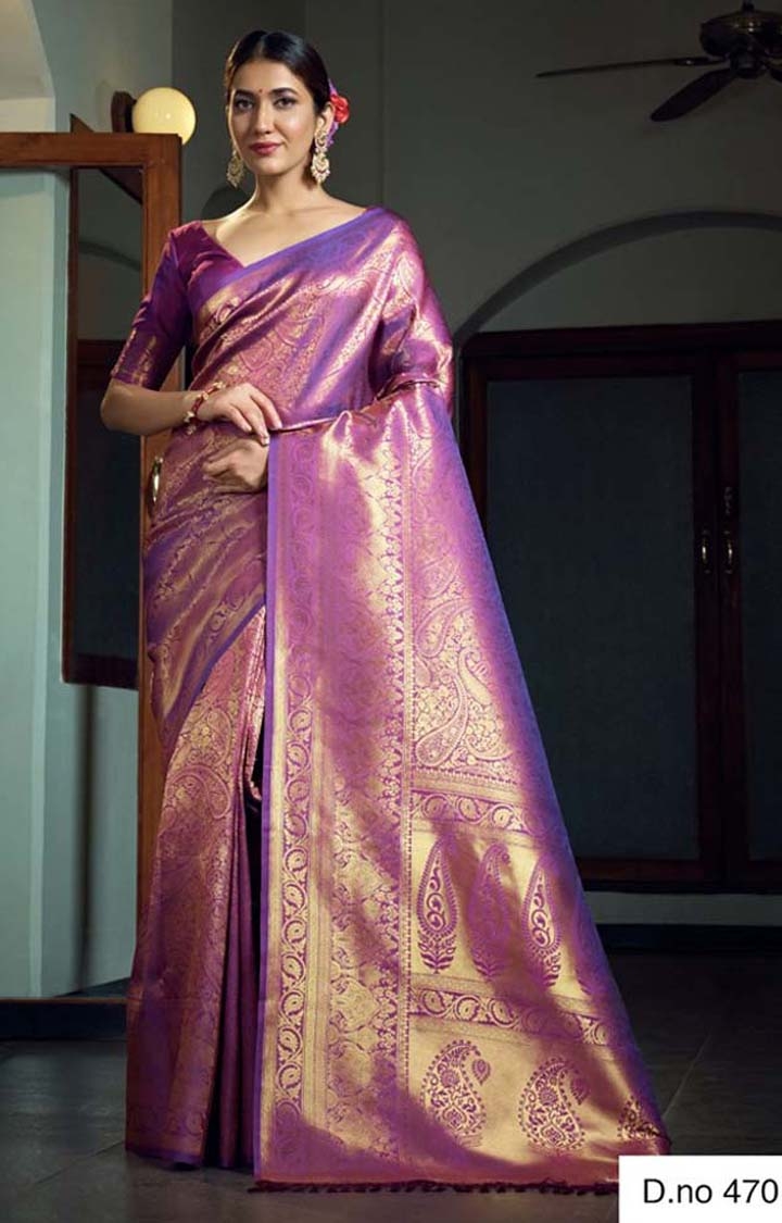 Traditional Purple Printed Woven Design Raw Silk Saree
