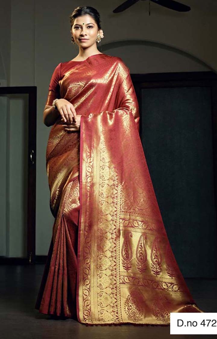 Traditional Red Printed Woven Design Raw Silk Saree