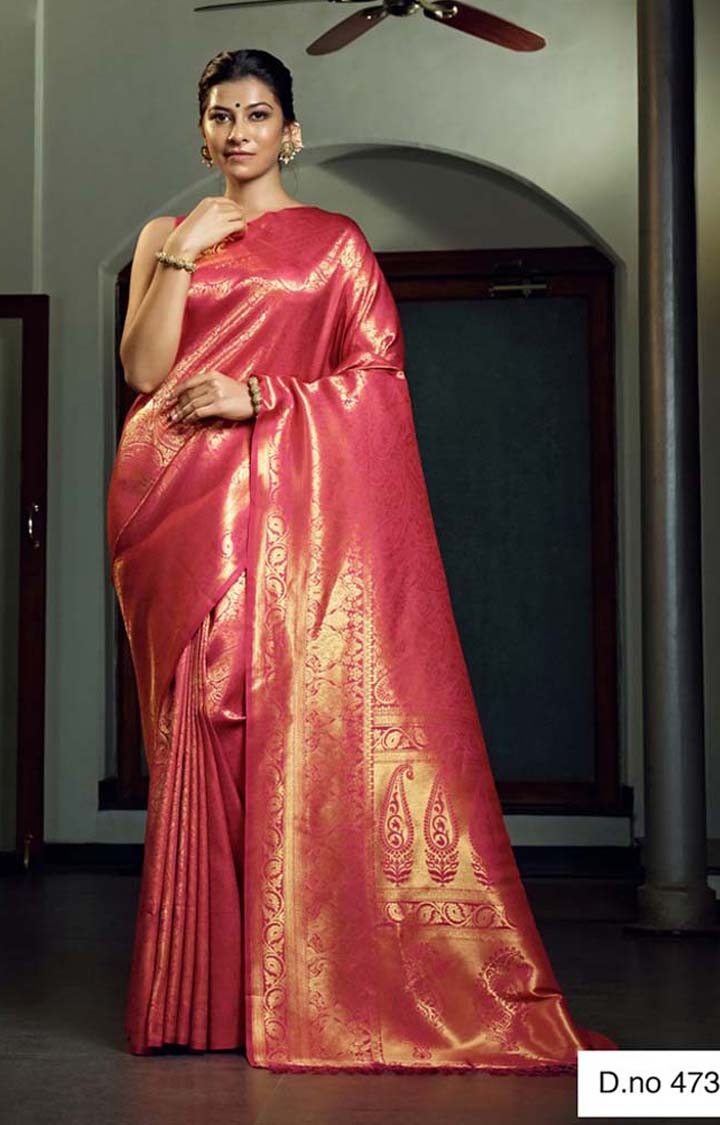 Traditional Pink Printed Woven Design Raw Silk Saree