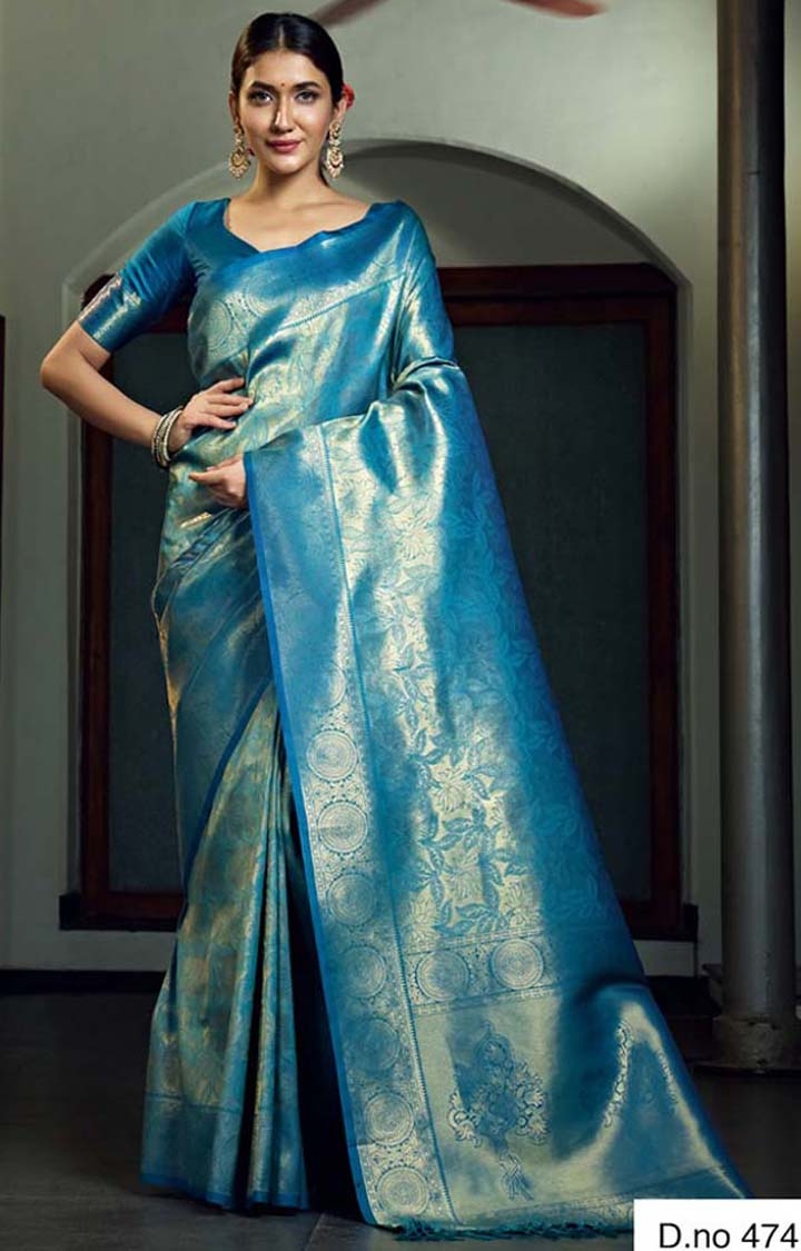 Traditional Blue Printed Woven Design Raw Silk Saree