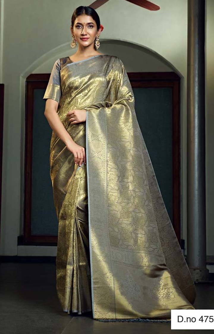 Traditional Gold Printed Woven Design Raw Silk Saree