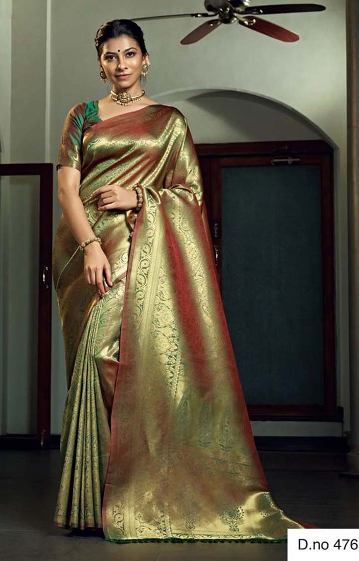 Traditional Printed Solid Woven Design Raw Silk Saree