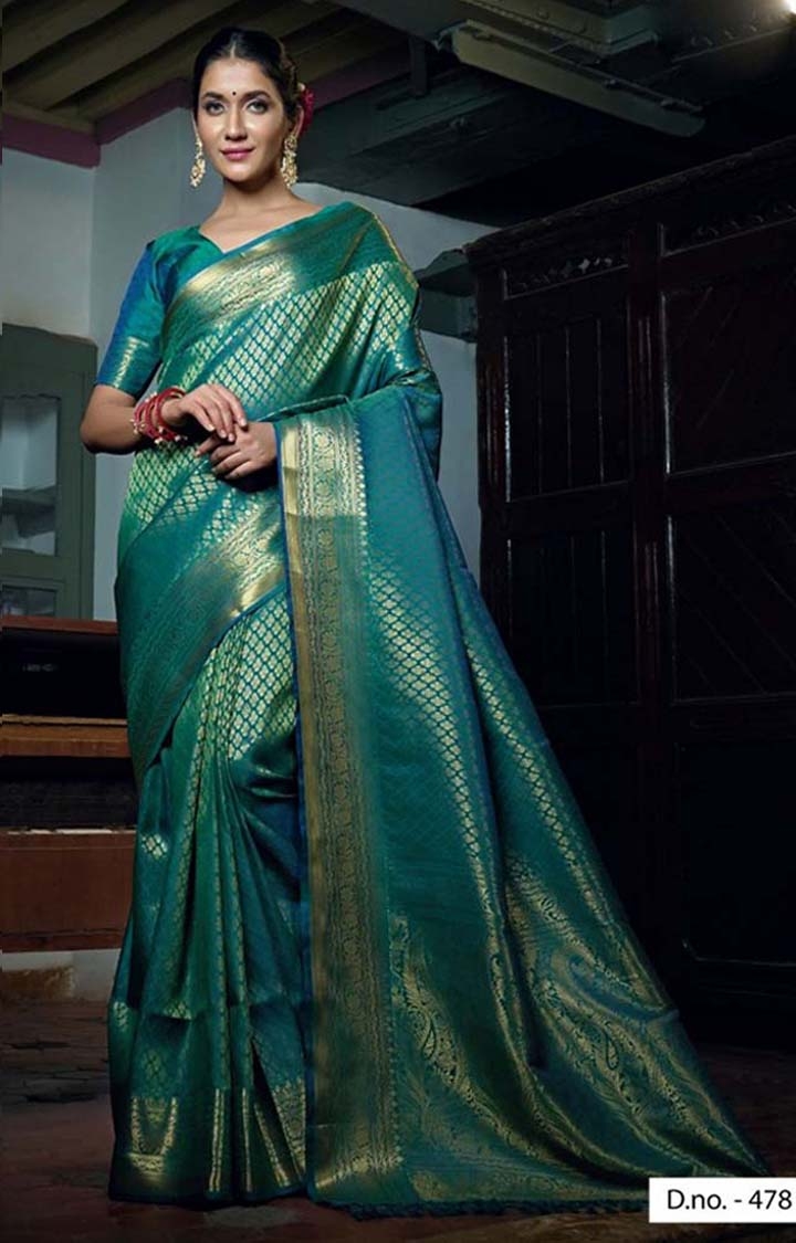 Stunning Teal Festive Wear Printed Woven Raw Silk Saree