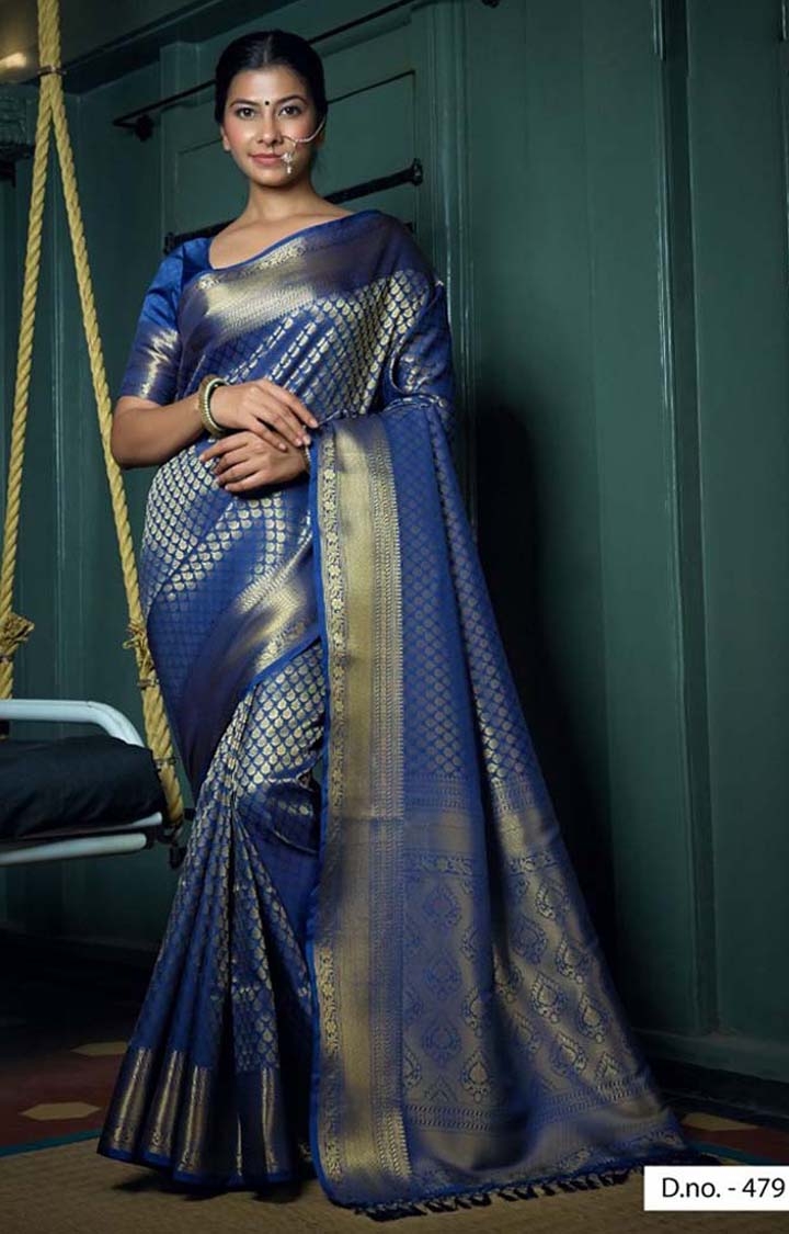 Blissful Blue Festive Wear Embroidered Woven Raw Silk Saree