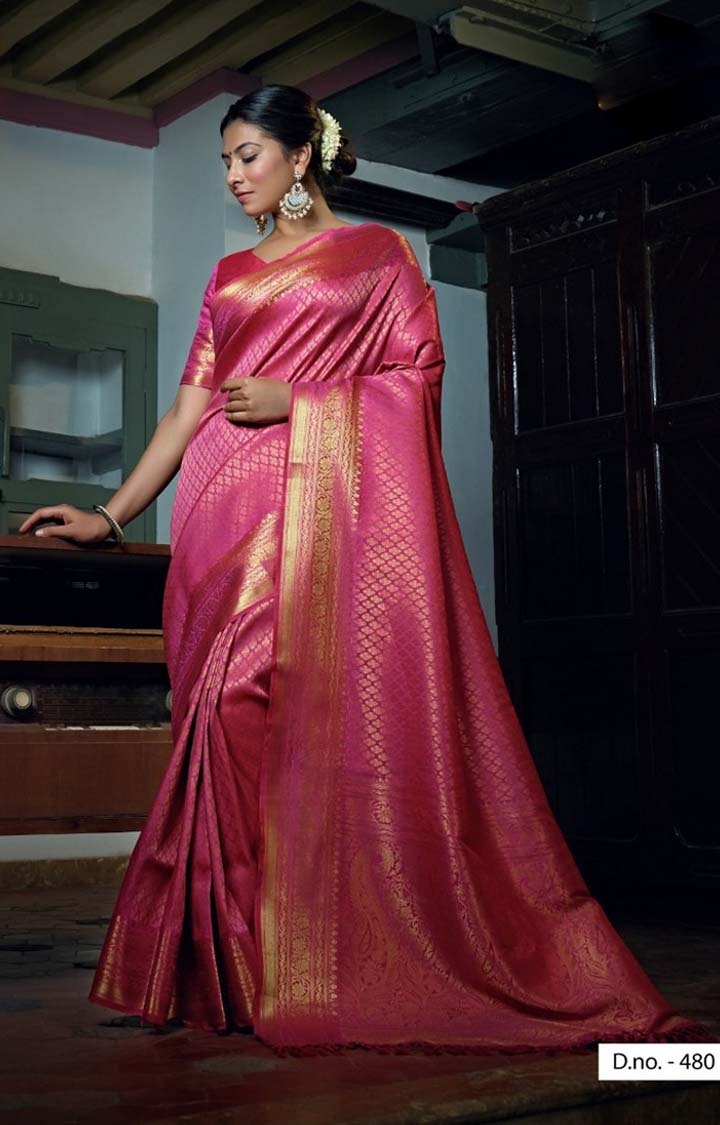 Gorgeous Pink Festive Wear Printed Woven Raw Silk Saree