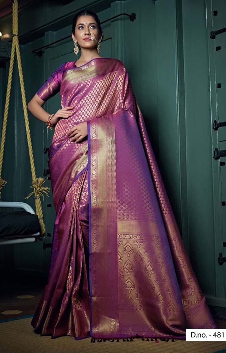 Elegant Purple Festive Wear Printed Woven Raw Silk Saree
