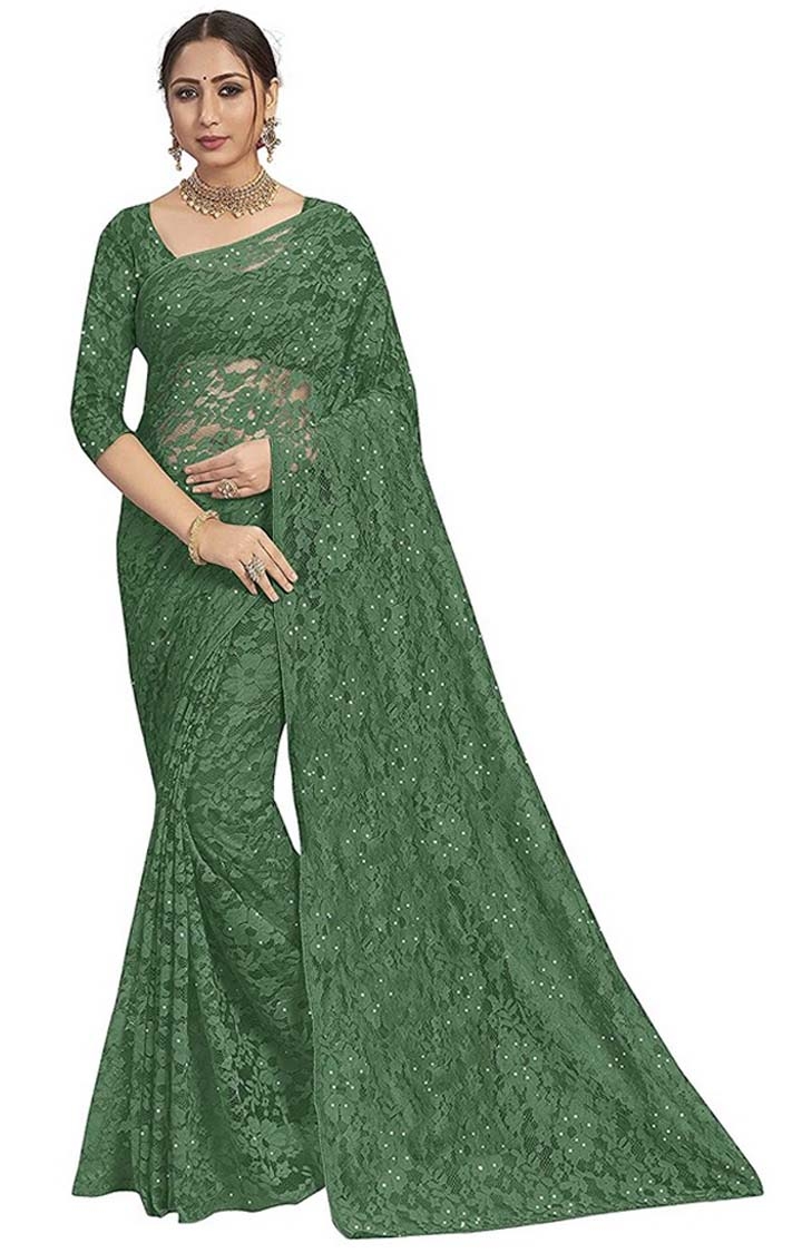 Women's Green Knit Brasso Embroidered Saree with Blouse Piece